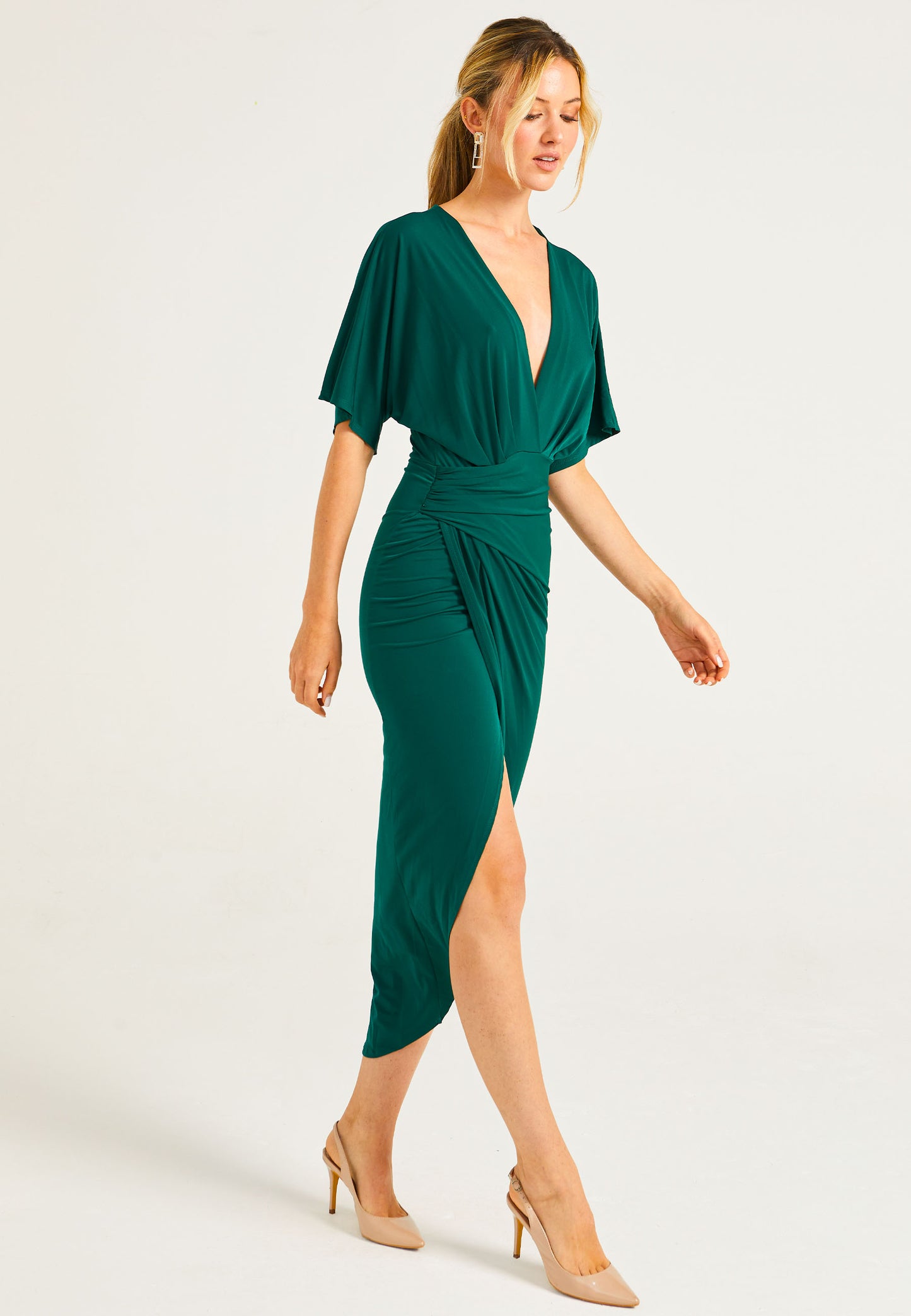 Plunge Neck Wrap Style Midi Dress With Flutter Sleeve