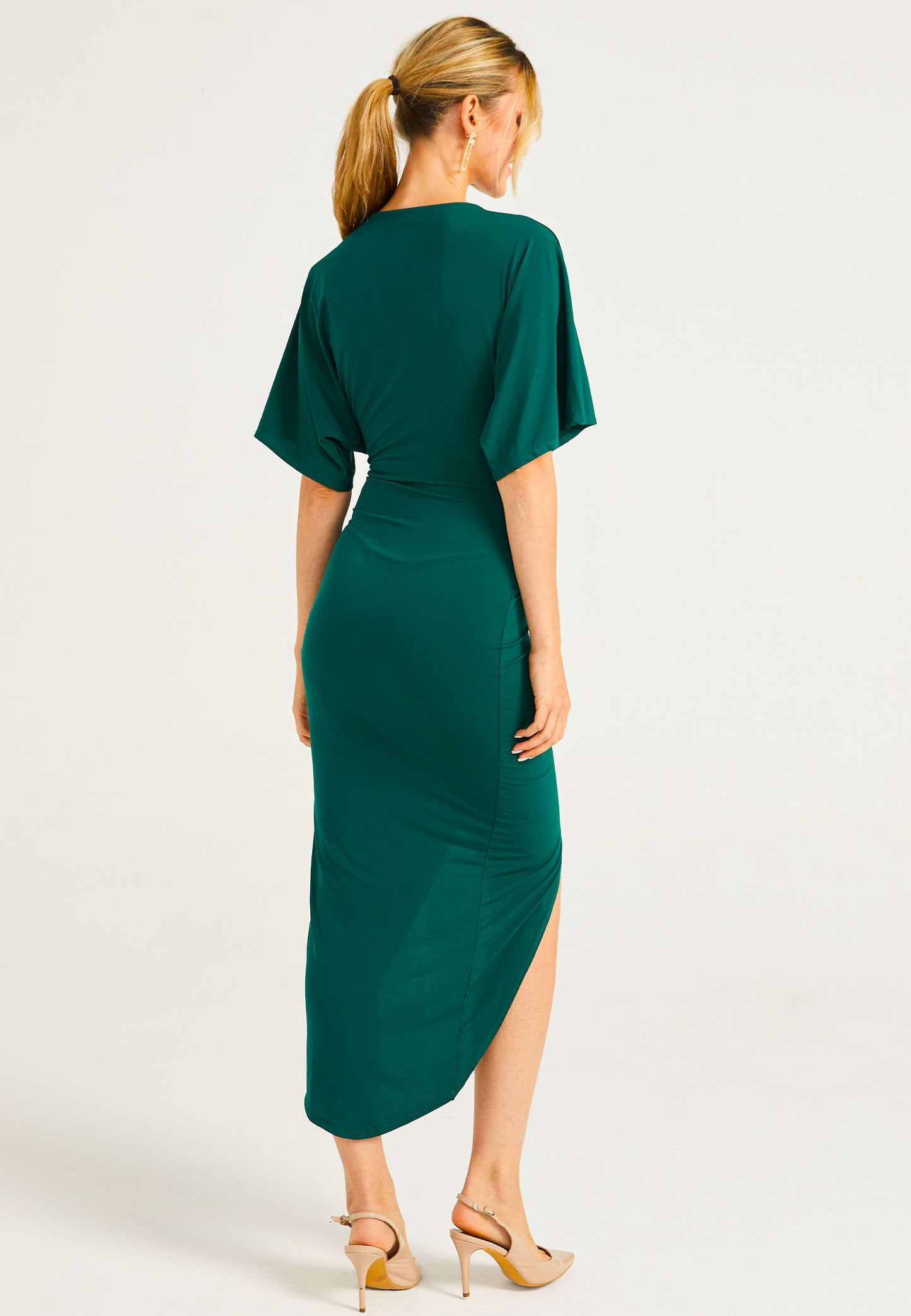 Plunge Neck Wrap Style Midi Dress With Flutter Sleeve