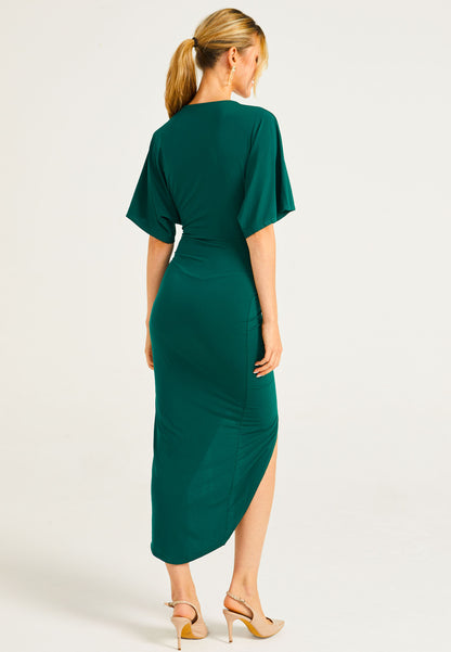 Plunge Neck Wrap Style Midi Dress With Flutter Sleeve - ANGELEYE