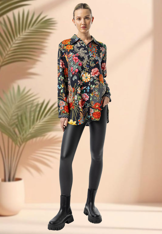 Luxurious Viscose Twill Black Shirt in Premium Floral Print