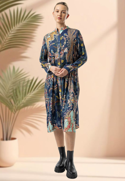 Luxurious Viscose Twill Blue Shirt Midi Dress in Premium Floral Print