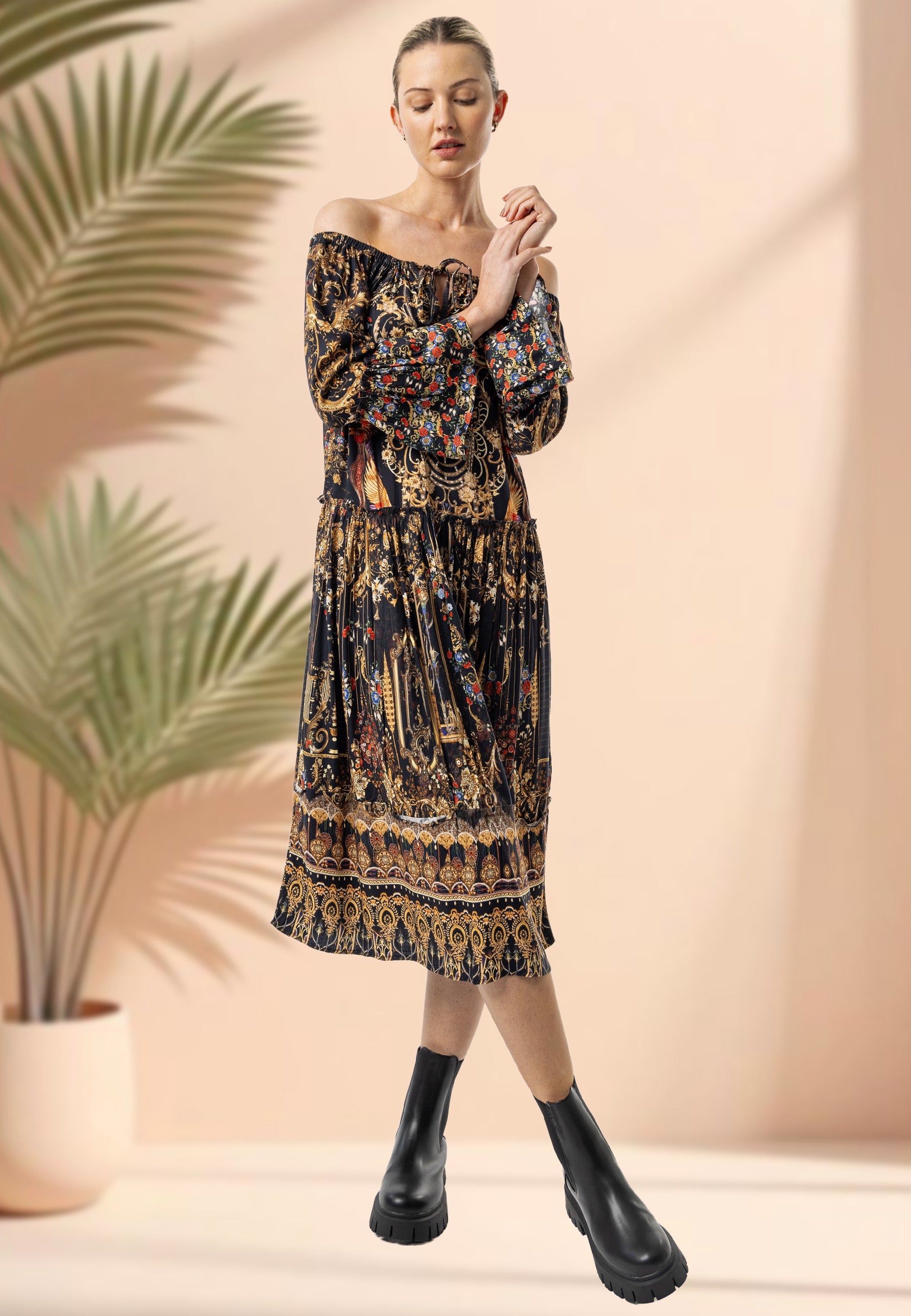 Tie Bardot Midi Dress in Black Floral Print | ANGELEYE Deluxe Tie Bardot Midi Dress in Black Floral Print | ANGELEYE Deluxe