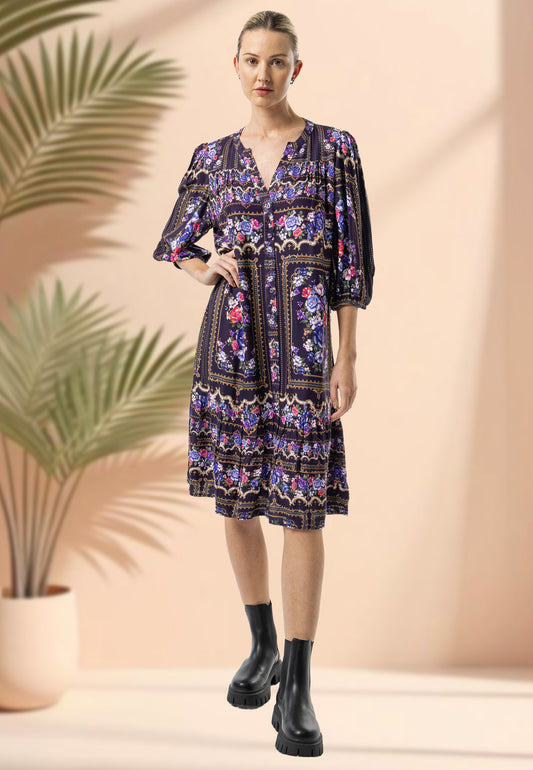 Luxurious Viscose Twill Purple Midi Notch Neck Dress in Premium Floral Print