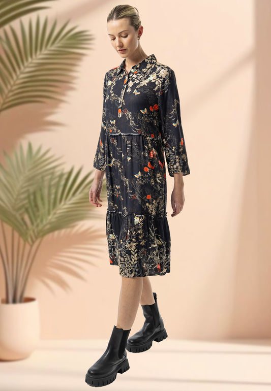 Luxurious Viscose Twill Black Shirt Midi Dress in Premium Floral Print