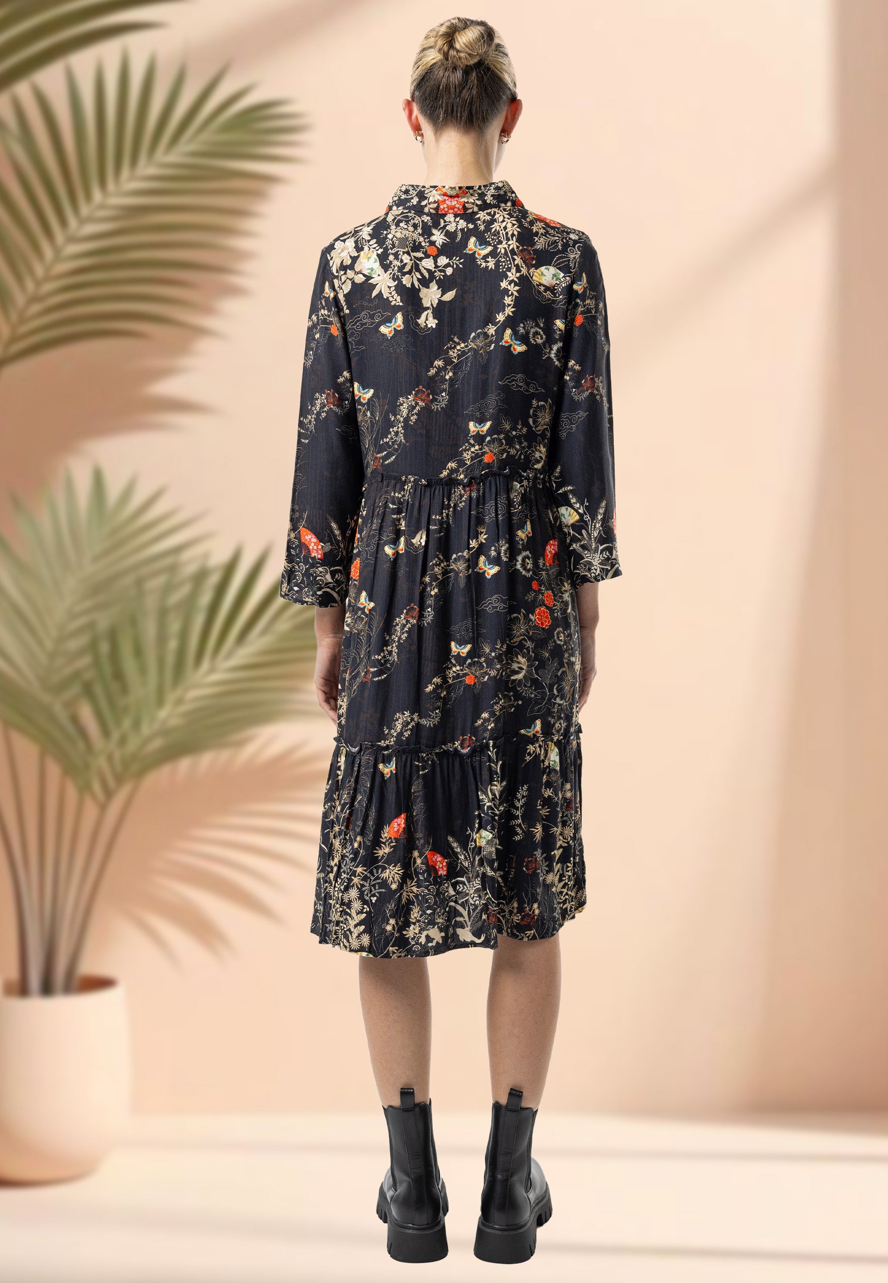 black floral midi shirt dress Midi Shirt Dress in Black Floral Print