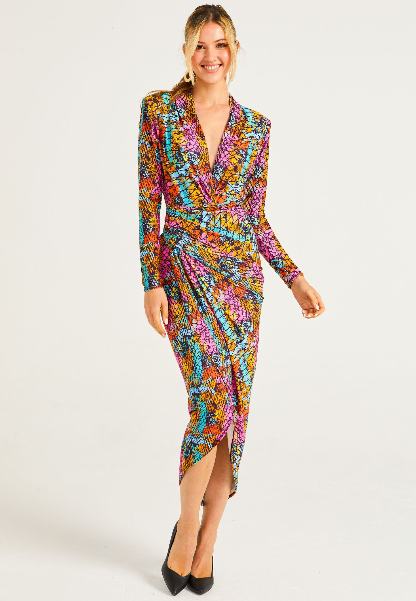 Plunge Neck Faux Wrap Print Midi Dress in Multi Snake - ANGELEYE