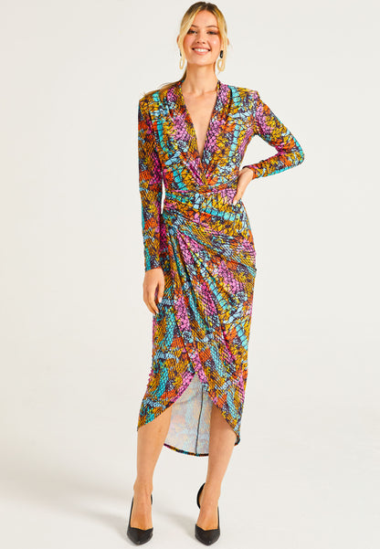 Plunge Neck Faux Wrap Print Midi Dress in Multi Snake - ANGELEYE