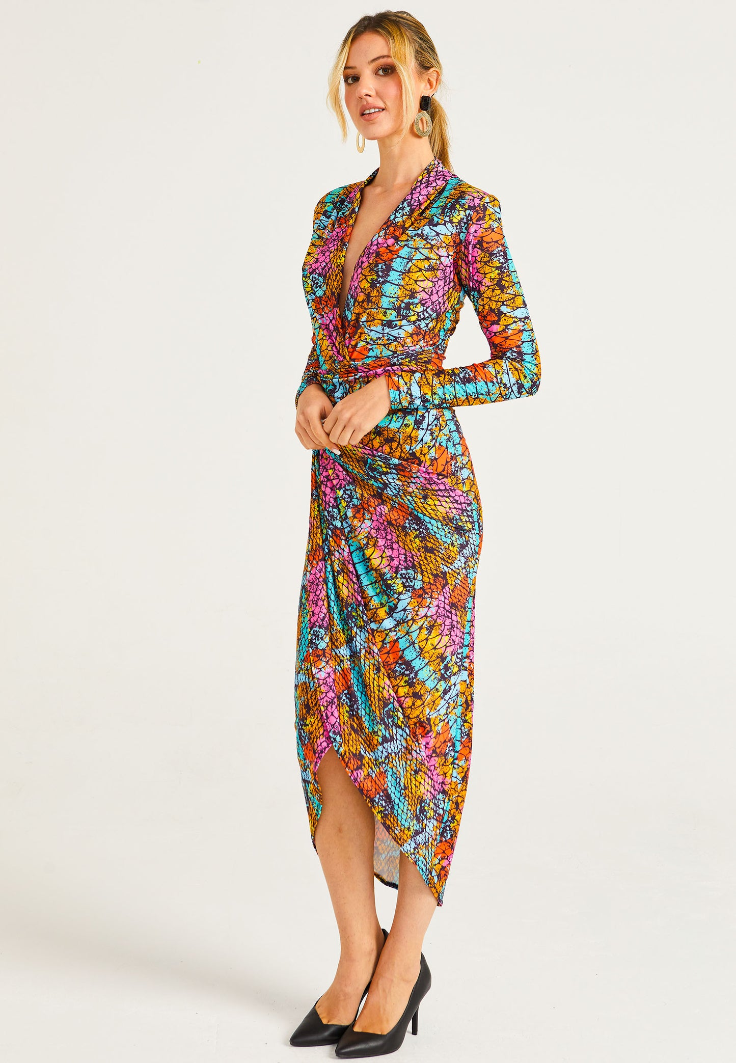 Plunge Neck Faux Wrap Print Midi Dress in Multi Snake