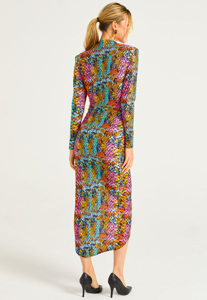 Plunge Neck Faux Wrap Print Midi Dress in Multi Snake - ANGELEYE