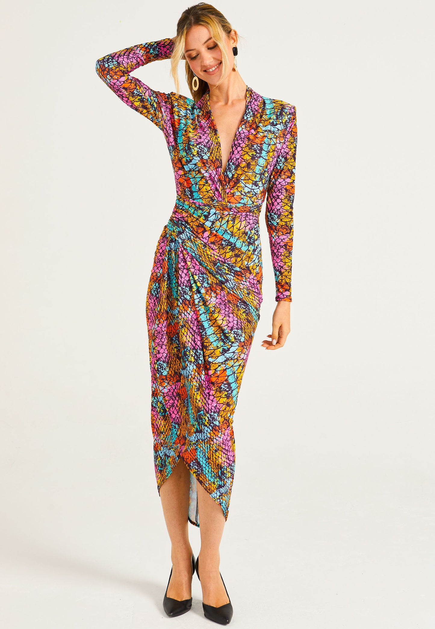 Plunge Neck Faux Wrap Print Midi Dress in Multi Snake