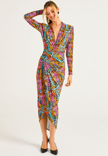 Plunge Neck Faux Wrap Print Midi Dress in Multi Snake - ANGELEYE