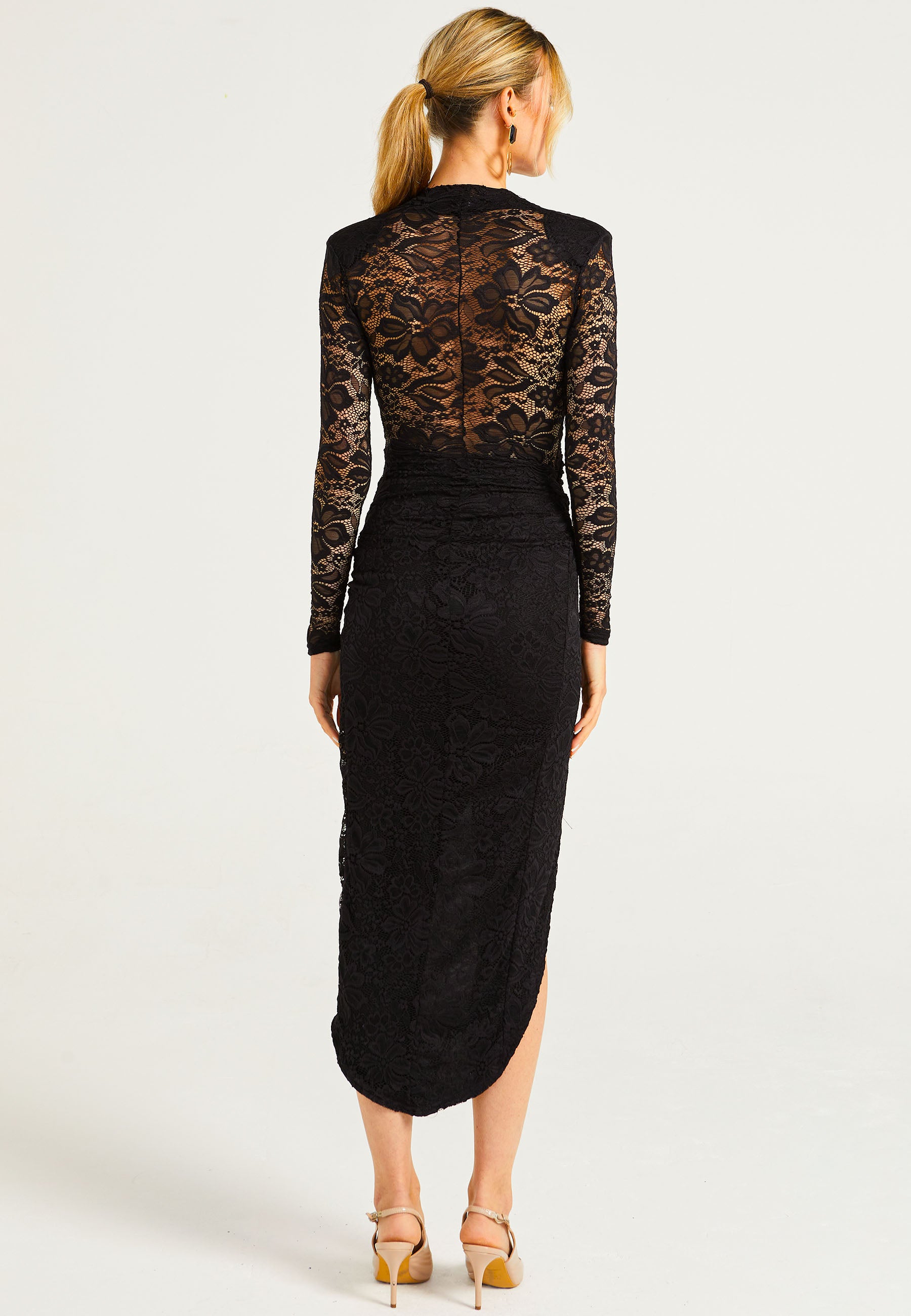 Lace Bodycon Wrap Midi Dress in Black | ANGELEYE Lace Bodycon Wrap Midi Dress in Black | ANGELEYE