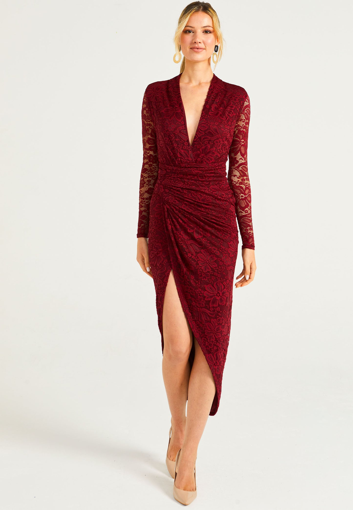 Lace Plunge Neck Faux Wrap Midi Dress in Burgundy