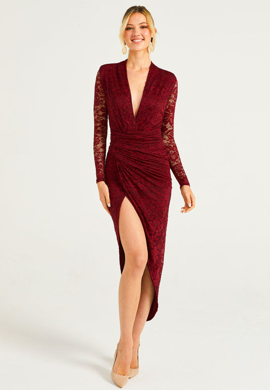 Lace Plunge Neck Faux Wrap Midi Dress in Burgundy