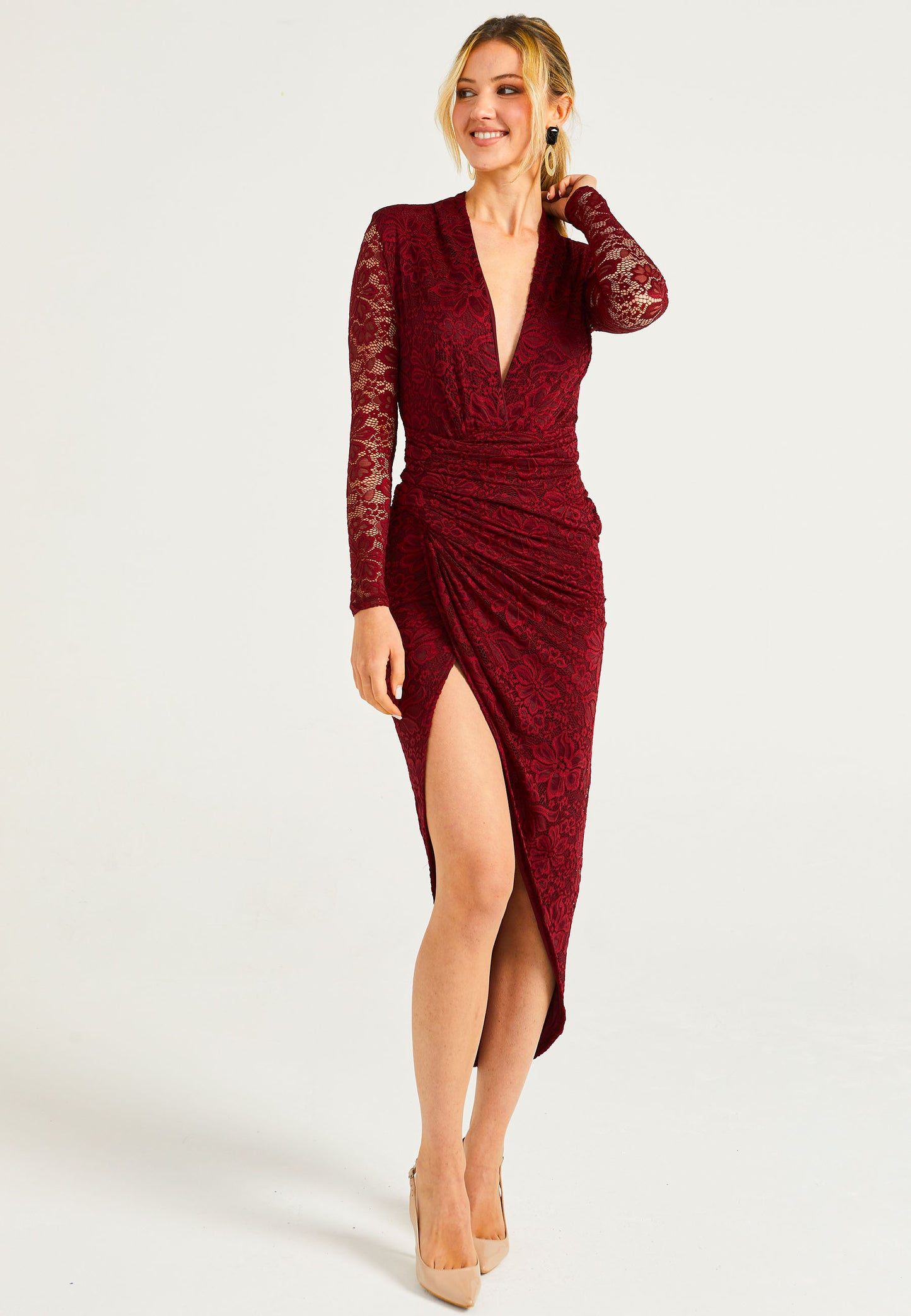 Lace Plunge Neck Faux Wrap Midi Dress in Burgundy