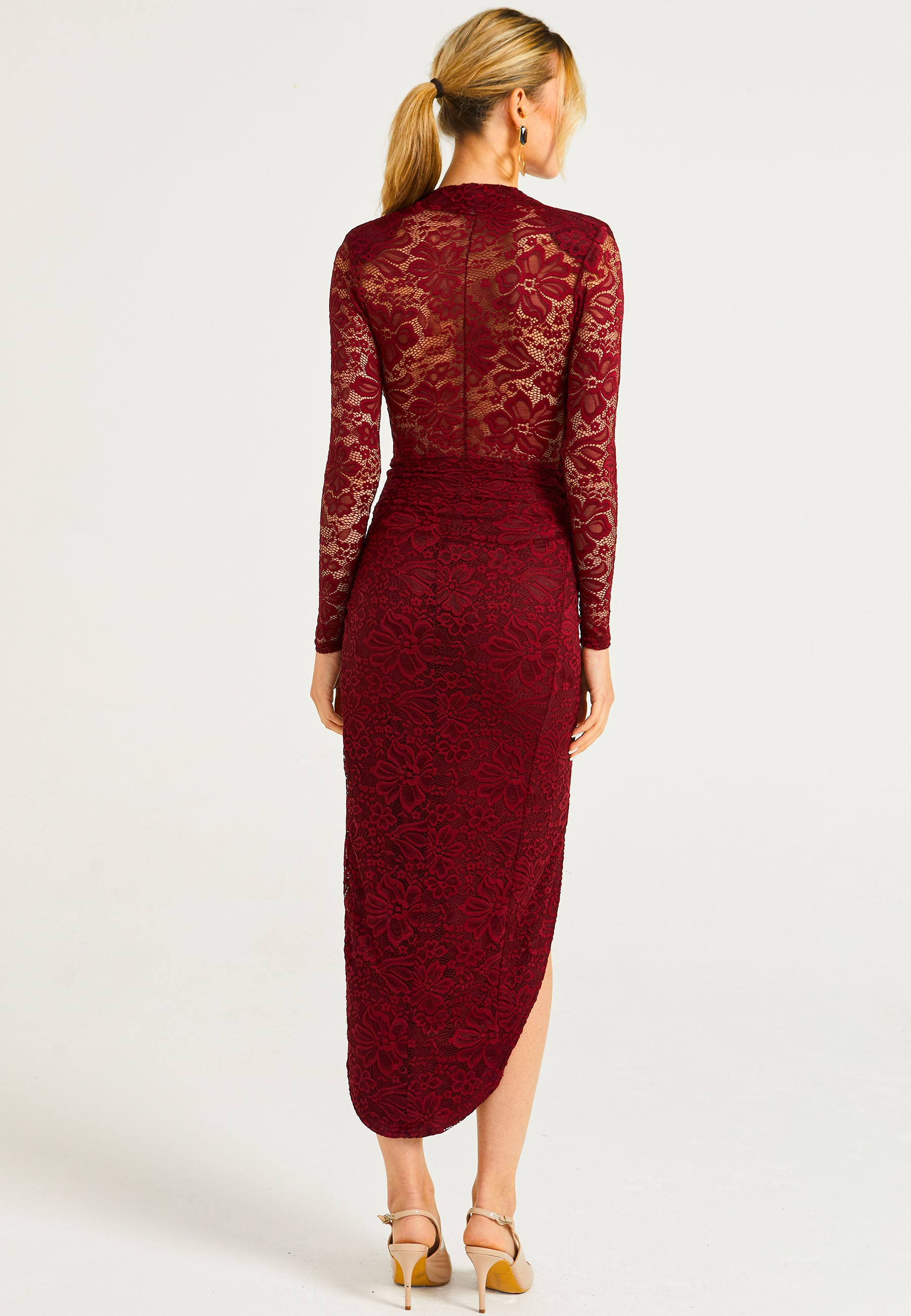 Lace Bodycon Wrap Midi Dress in Burgundy | ANGELEYE Lace Bodycon Wrap Midi Dress in Burgundy | ANGELEYE