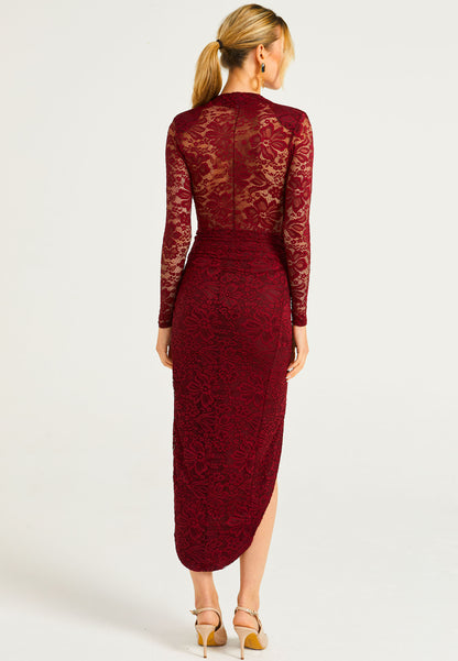 Lace Plunge Neck Faux Wrap Midi Dress in Burgundy - ANGELEYE