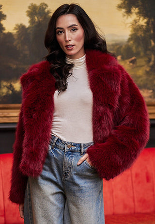 Faux Fur Short Coat in Burgundy