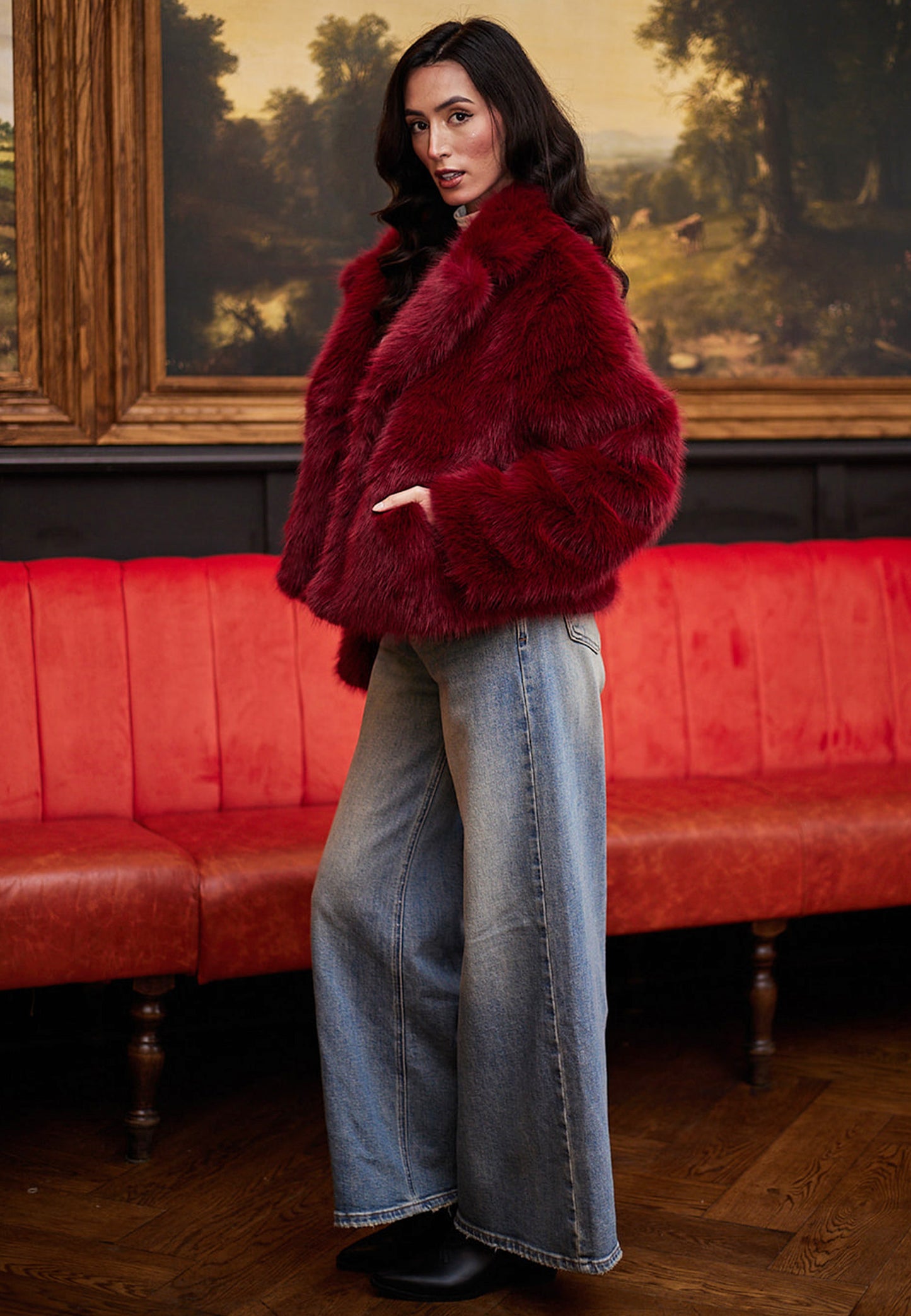 Faux Fur Short Coat In Burgundy