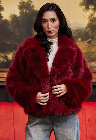 Faux Fur Short Coat in Burgundy