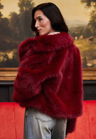 Faux Fur Short Coat in Burgundy