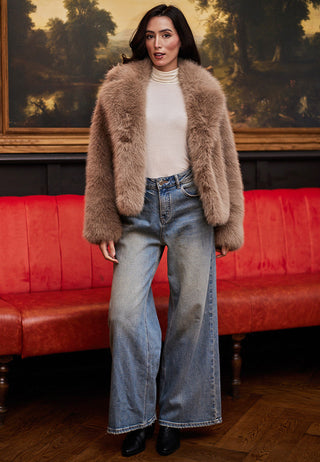 Faux Fur Short Coat in Coffee
