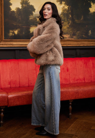 Faux Fur Short Coat in Coffee