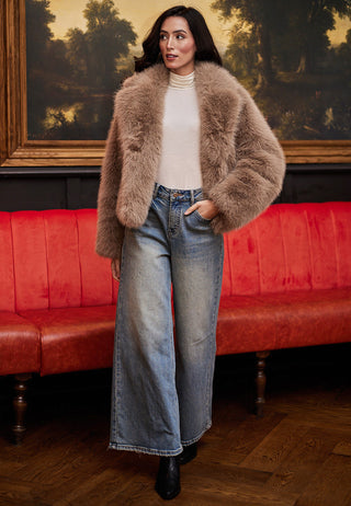 Faux Fur Short Coat in Coffee