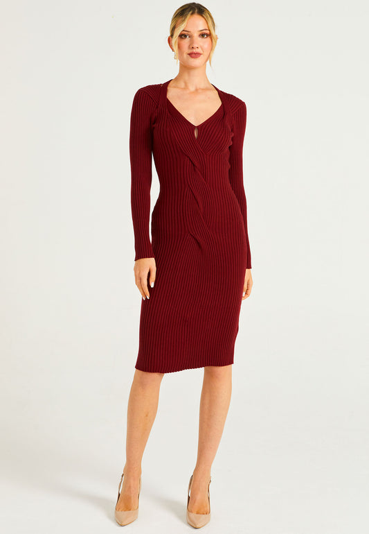 Bodycon Rib Knit Midi Dress In Burgundy