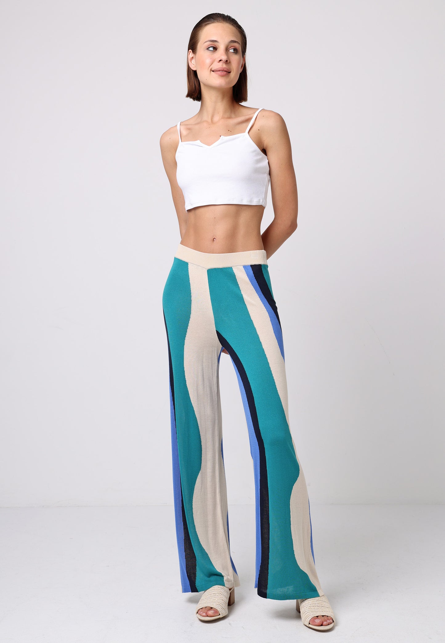 Soft Knit Wide Leg Trousers In Abstract Multi Print