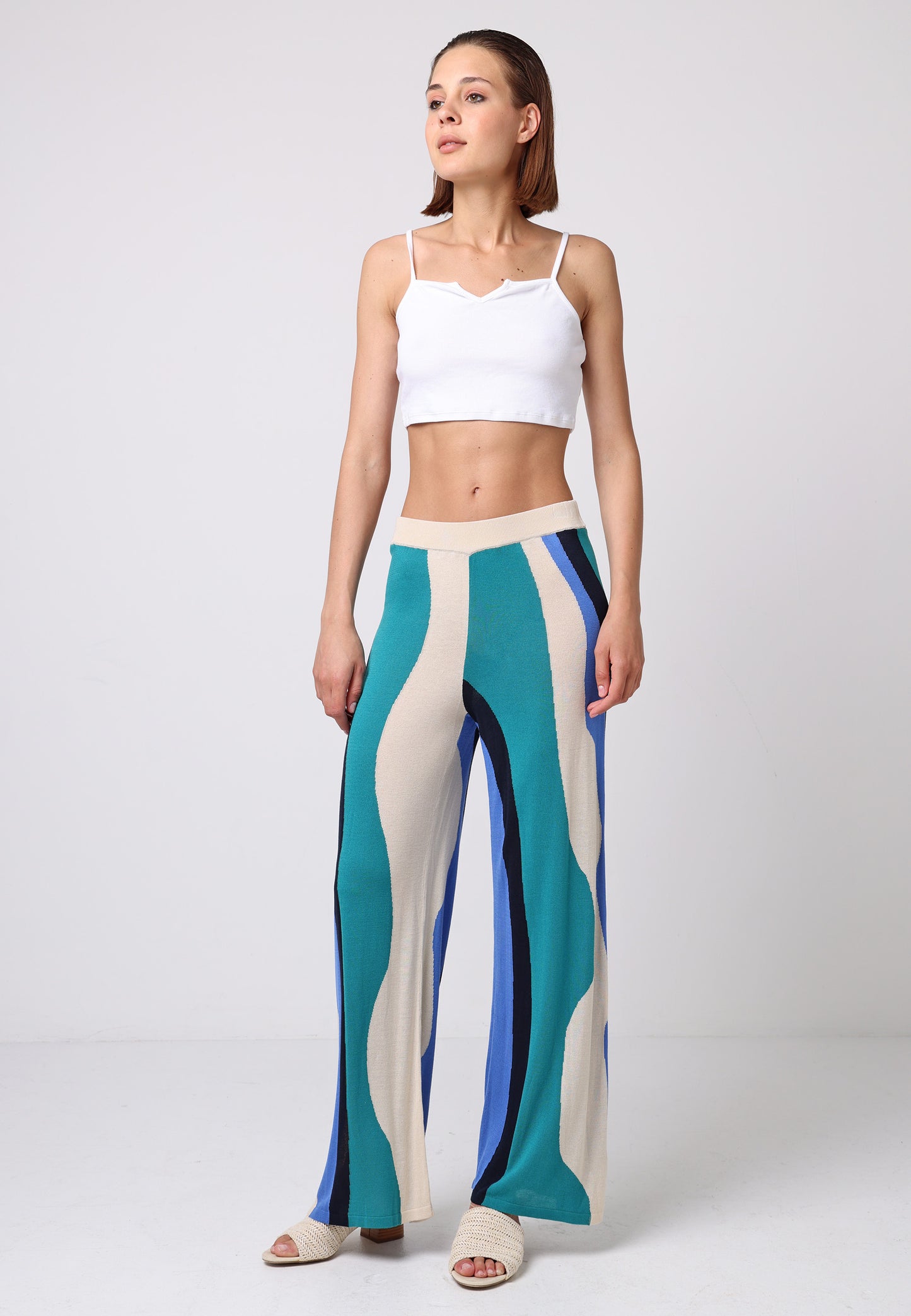 Soft Knit Wide Leg Trousers In Abstract Multi Print