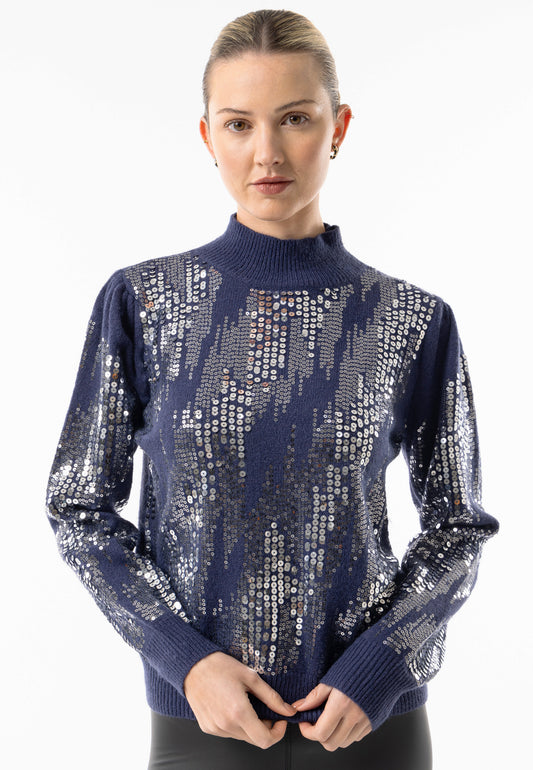 Navy High Neck Jumper with Silver Sequin Detail