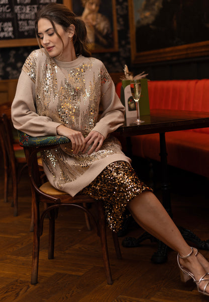 Apricot Long Knit Jumper with Gold Sequin Detail - ANGELEYE