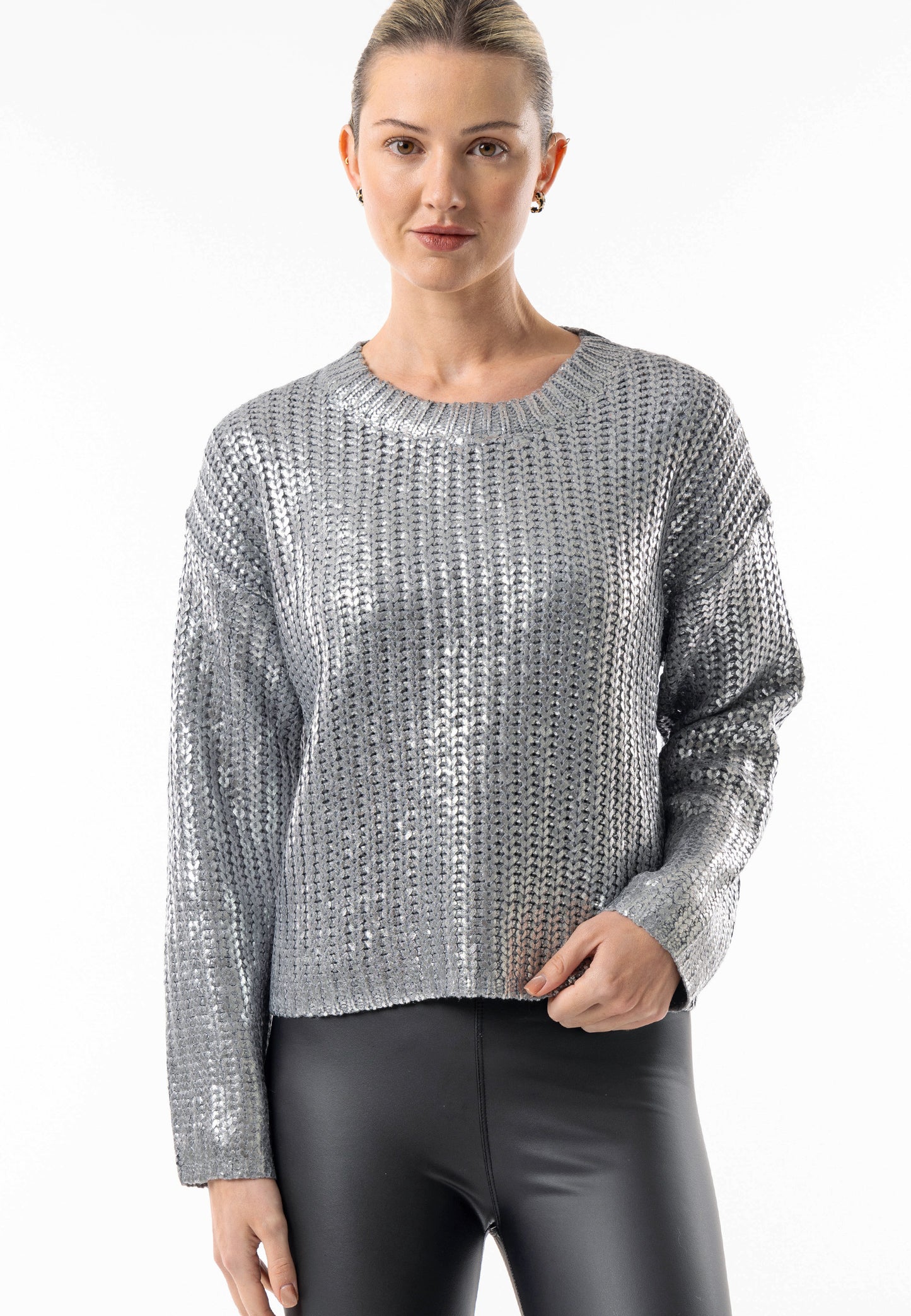 Metallic Crew Neck Cable Knit Jumper in Silver