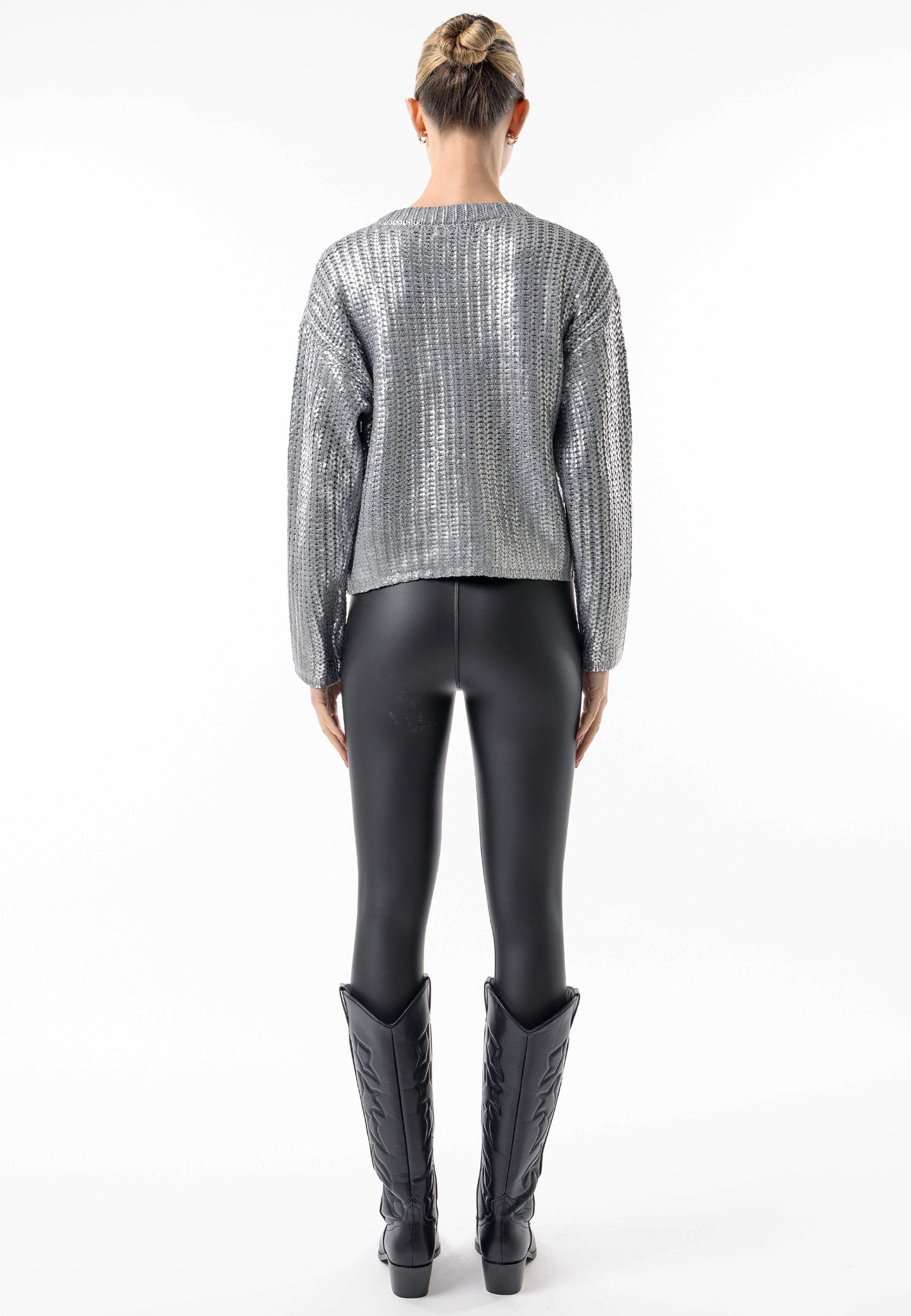 Metallic Crew Neck Cable Knit Jumper in Silver