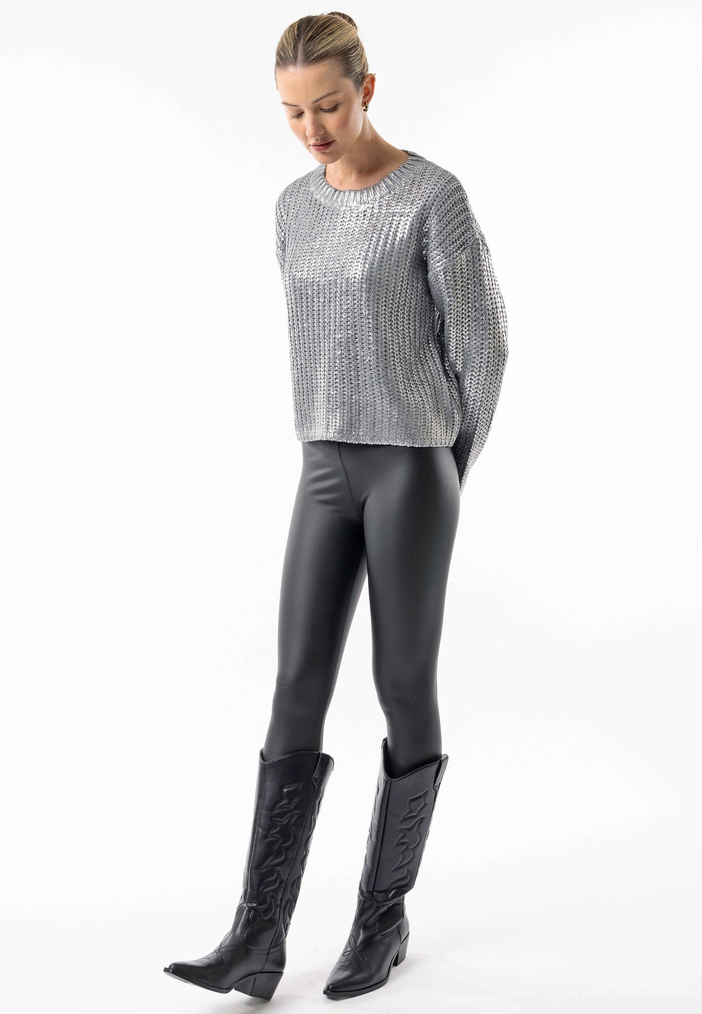 Metallic Crew Neck Cable Knit Jumper in Silver