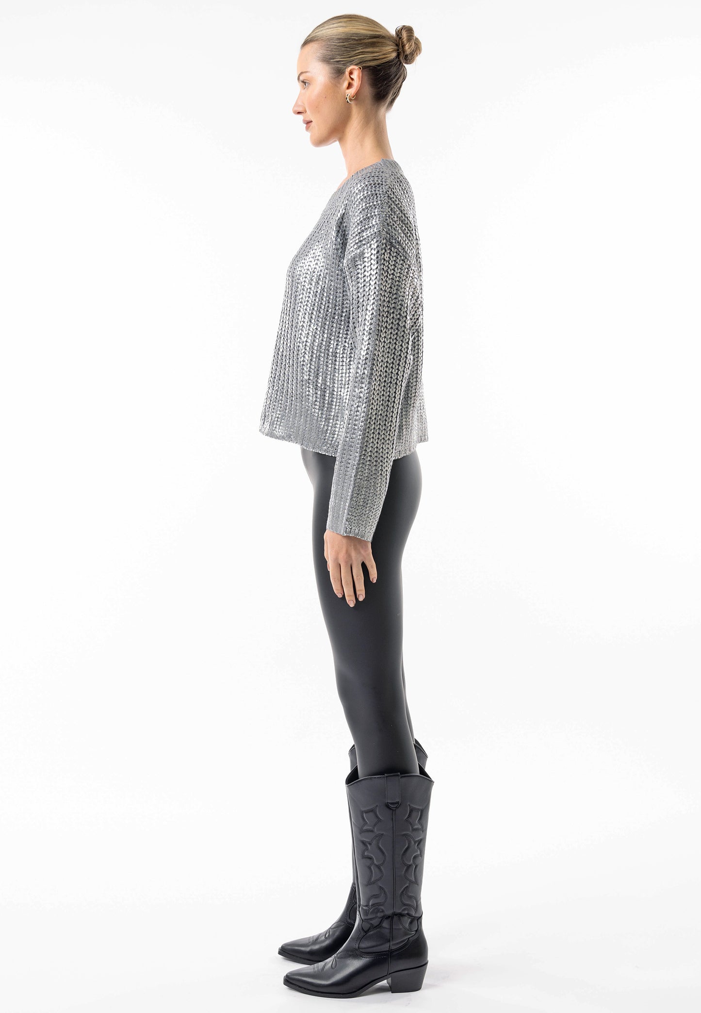 Metallic Crew Neck Cable Knit Jumper in Silver