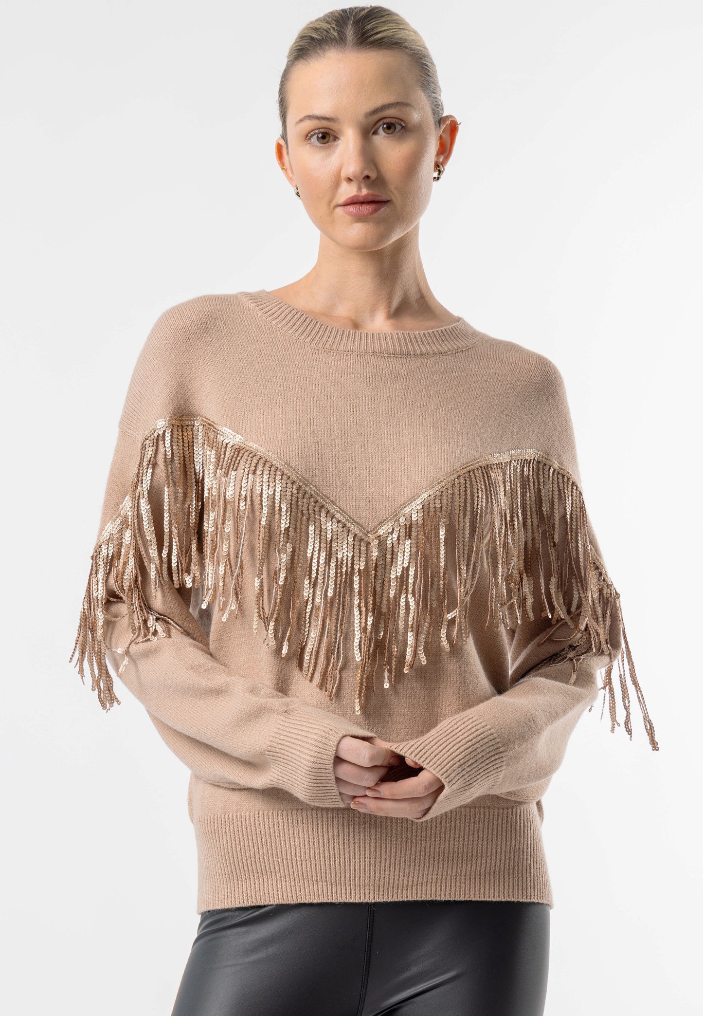 Brown Crew Neck Jumper with Fringe Detail