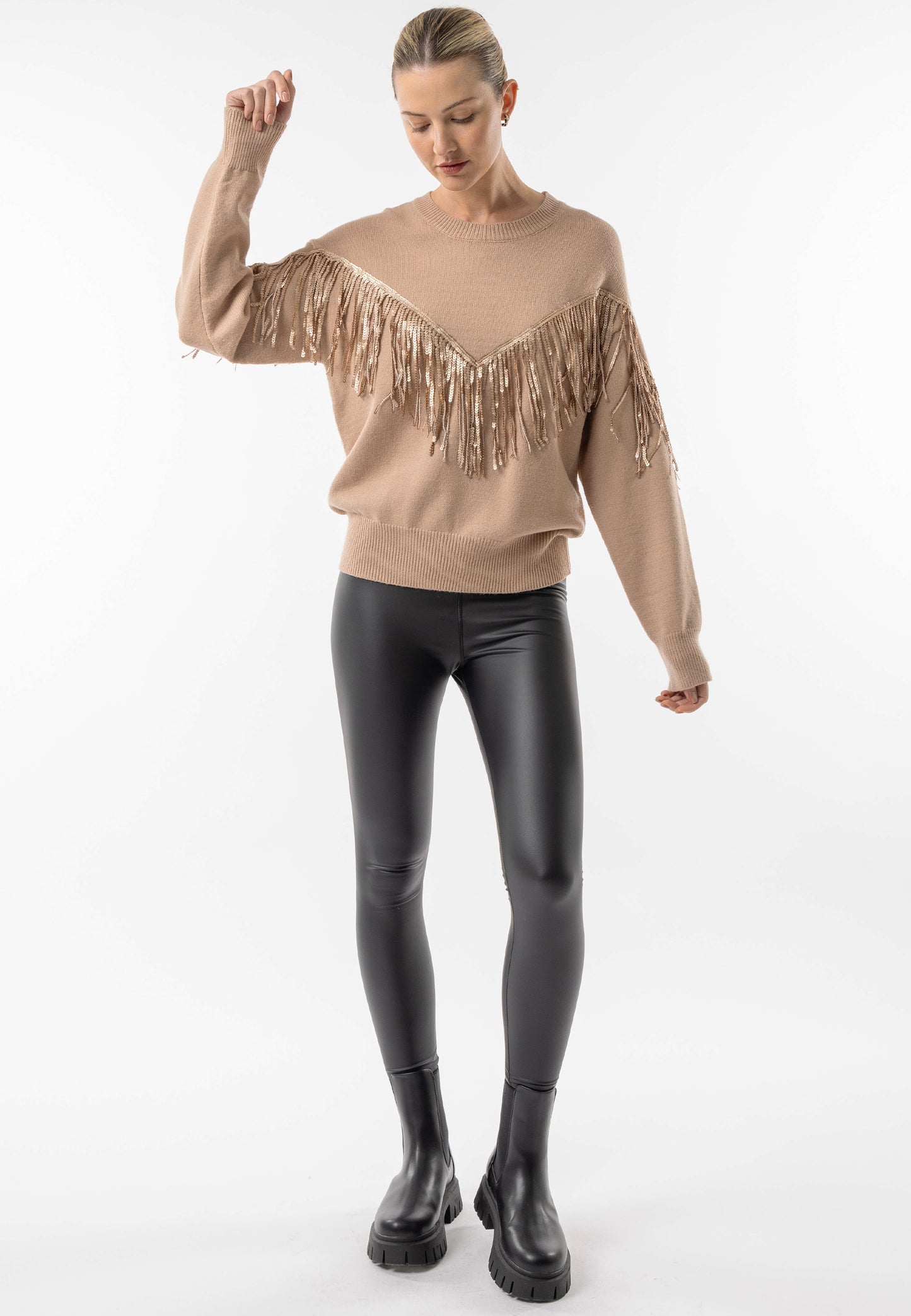 Brown Crew Neck Jumper with Fringe Detail