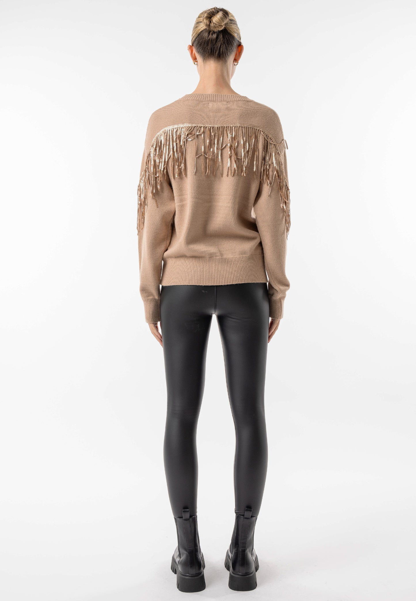 Brown Crew Neck Jumper with Fringe Detail