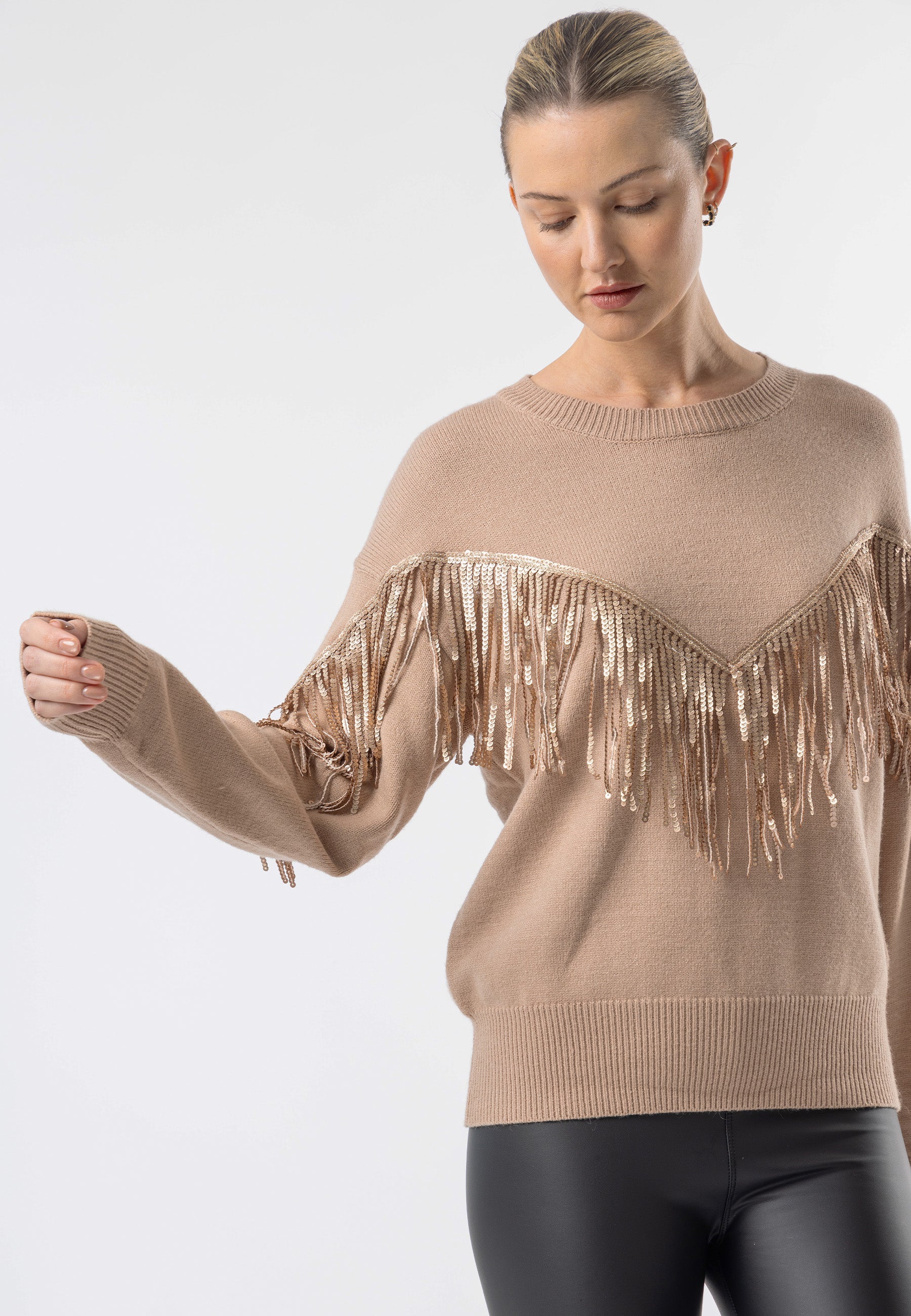 ANGELEYE Brown Crew Neck Jumper with Fringe Detail