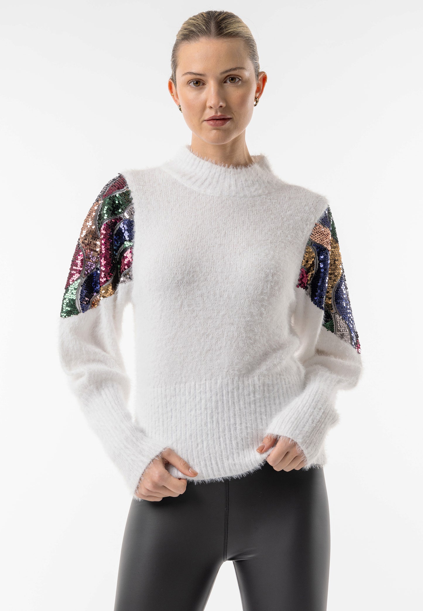 Mock Neck White Knit Jumper with Sequin Shoulder Detail