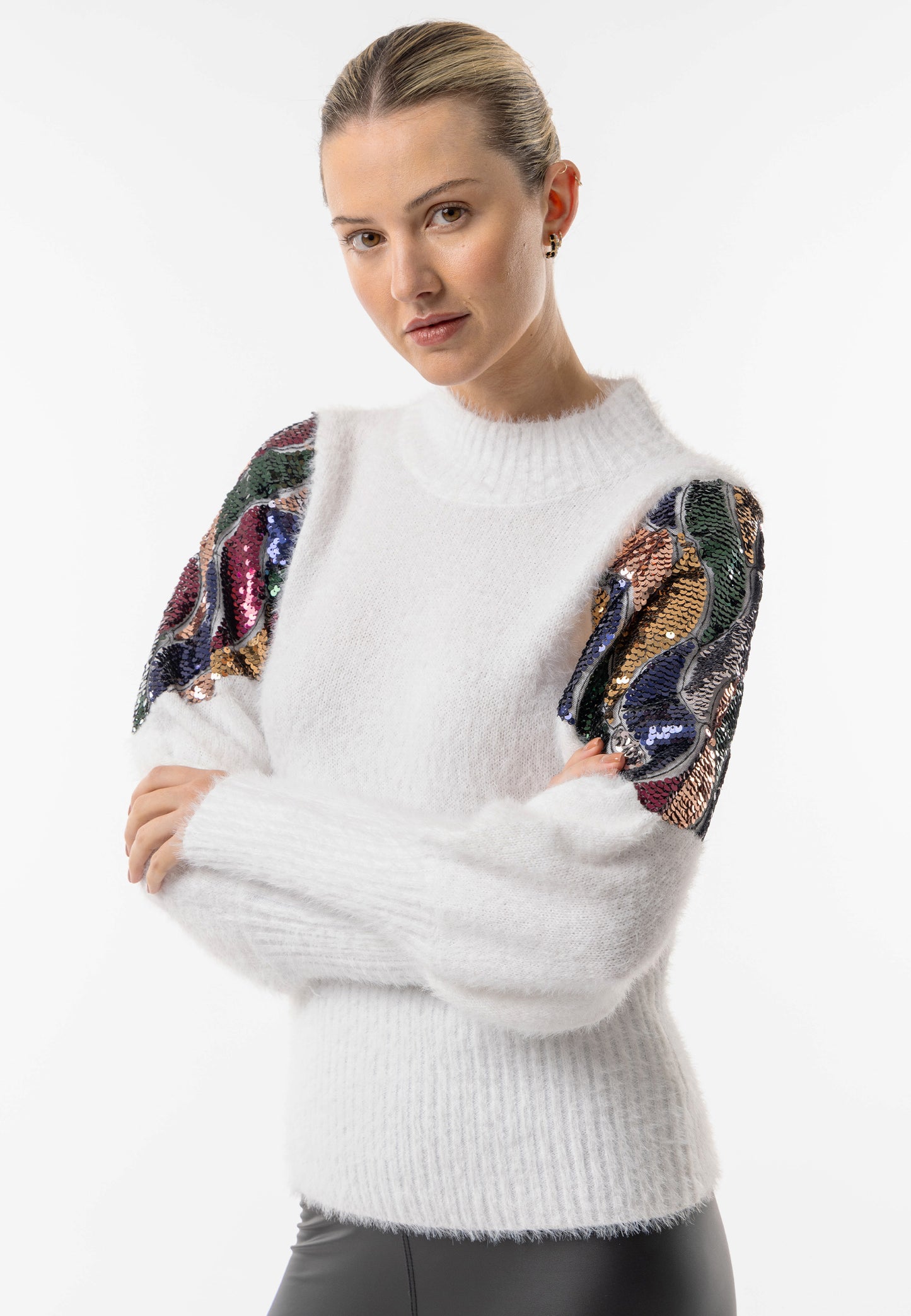 Mock Neck White Knit Jumper with Sequin Shoulder Detail