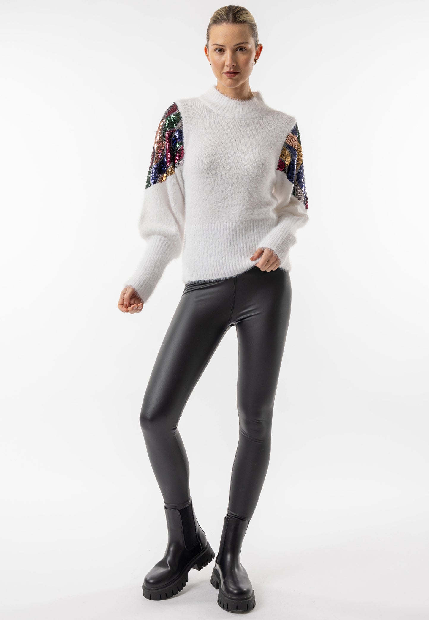 Mock Neck White Knit Jumper with Sequin Shoulder Detail