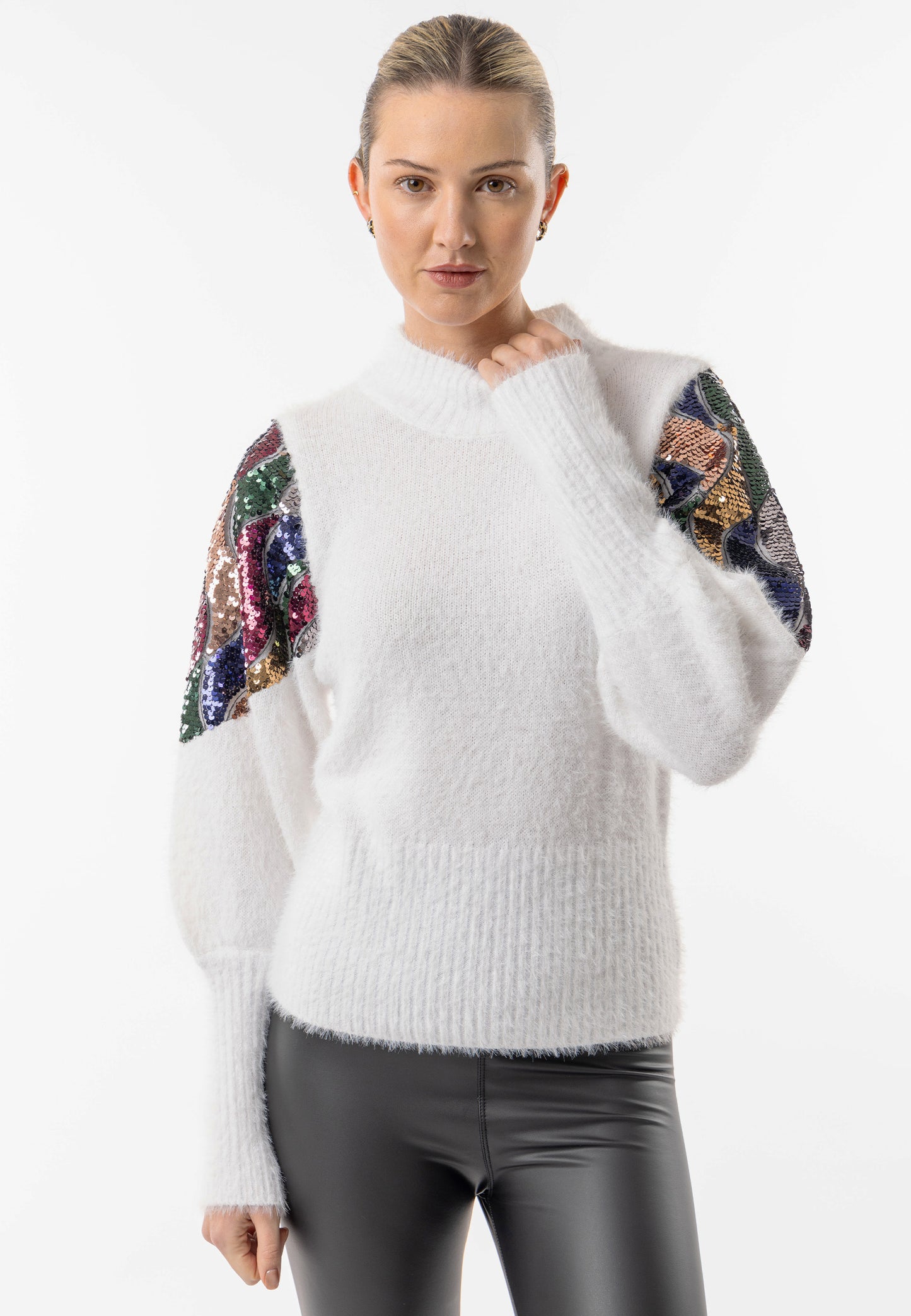 Mock Neck White Knit Jumper with Sequin Shoulder Detail