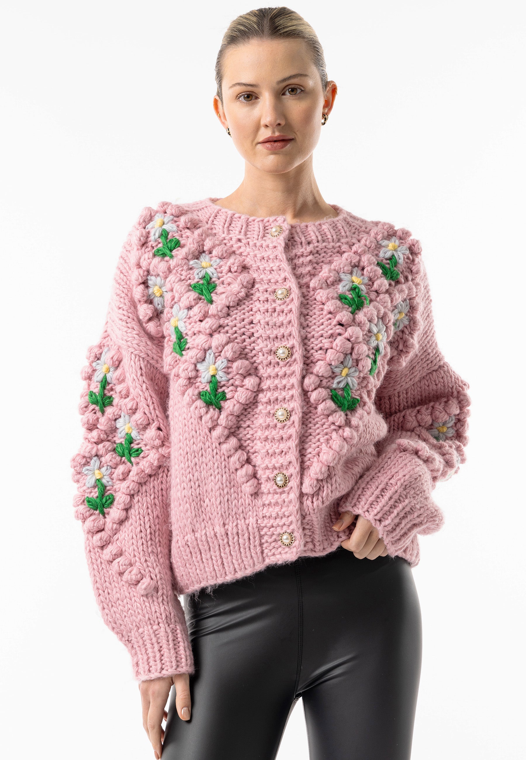 Chunky Floral Knit Cardigan in Pink ANGELEYE