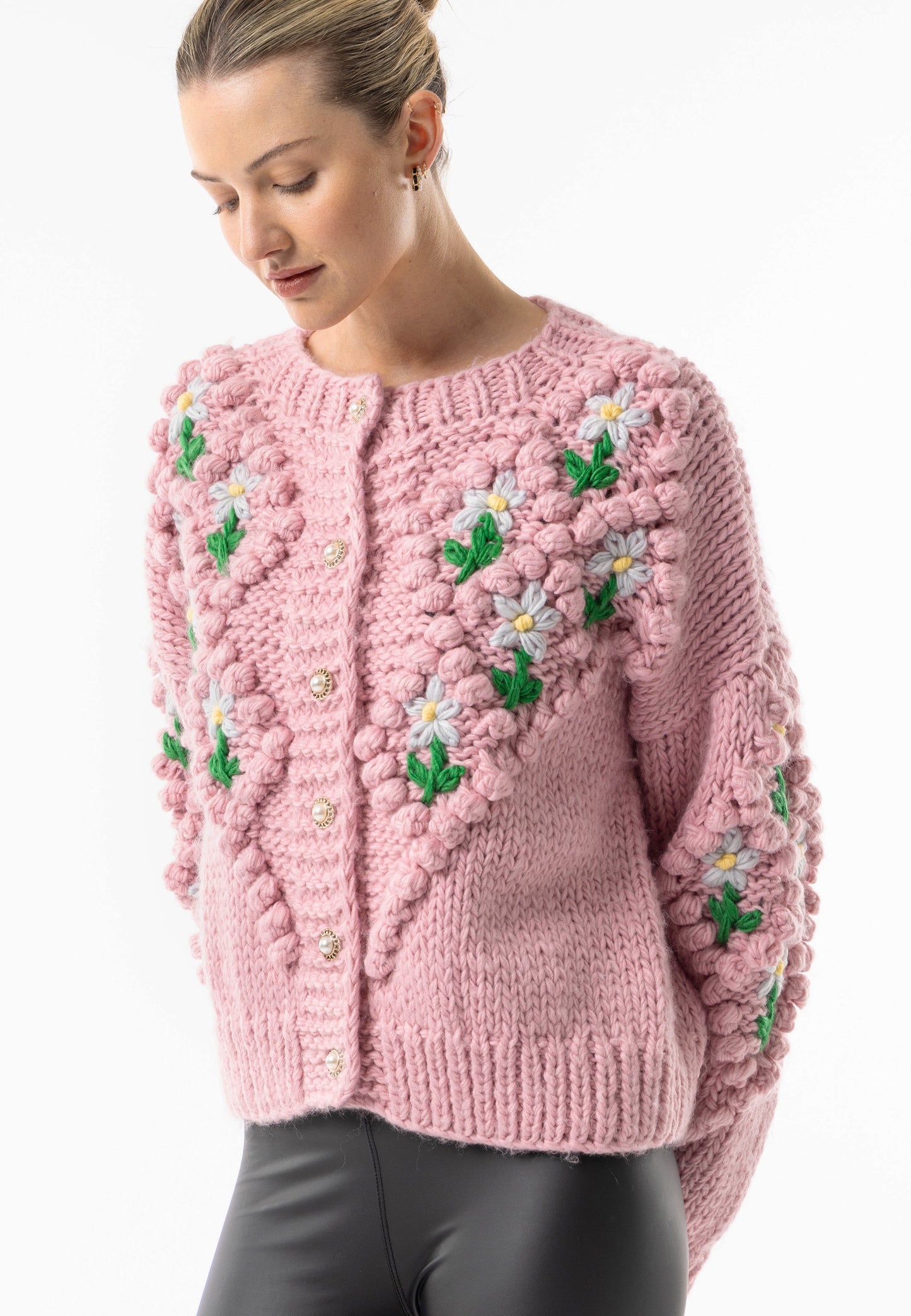 Pink Chunky Floral Knit Cardigan