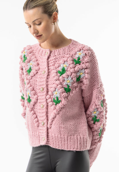 Pink Chunky Floral Knit Cardigan - ANGELEYE