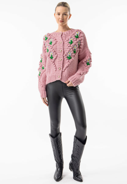 Pink Chunky Floral Knit Cardigan - ANGELEYE