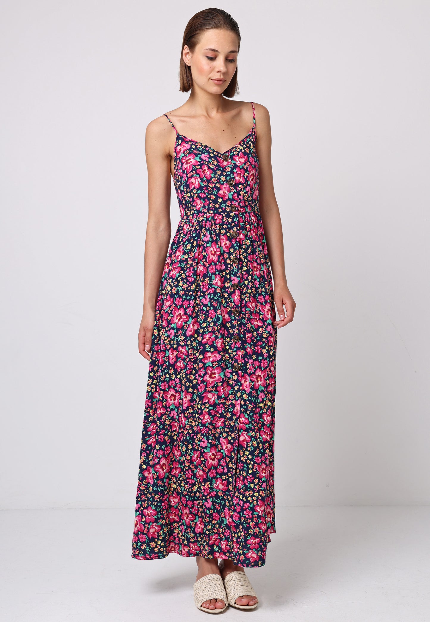 Cami Shirred Back Button Detail Maxi Floral Dress